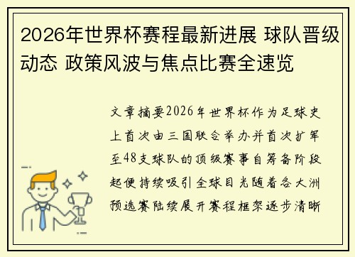 2026年世界杯赛程最新进展 球队晋级动态 政策风波与焦点比赛全速览